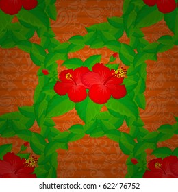 Repeating vector hibiscus flowers pattern. Modern motley floral seamless pattern on a orange background. Floral print.