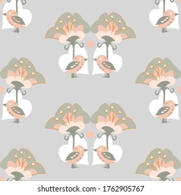 Repeating vector nursery art pattern of baby birds, trees and heart in pale greys and pinks. Delicate, in pastel shades makes it perfect for newborn fabric print or surface design. Cute and innocent.