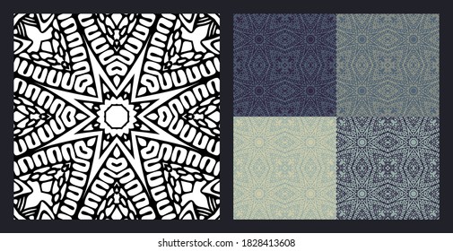 Repeating vector ornament with shamanic motif. Detailed texture for printing onto fabrics and design backgrounds. The seamless pattern is shown in four color variations.