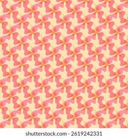 Repeating vector pattern of abstract pink hibiscus flowers arranged in a mirrored layout on beige. Bright and bold floral with tropical vibe.