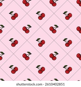 A repeating vector pattern of cherries on a pink background, featuring bright red cherries with green leaves.