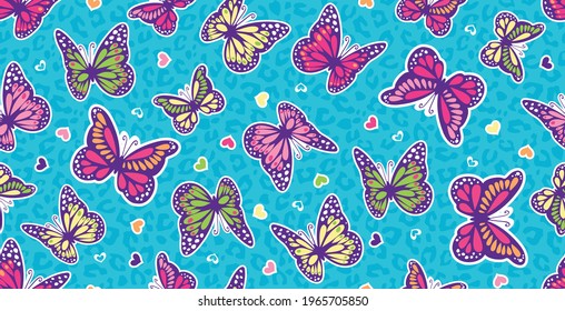 Repeating vector pattern of cute butterflies against a blue, leopard print background. Fun, tween colors reminiscent of the 90s. Patterns are great for wallpaper, backgrounds, and surface designs