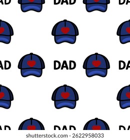 A repeating vector pattern featuring blue baseball caps with a red heart design and the word DAD in bold black letters. Ideal for Fathers Day or family-themed designs.