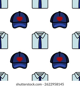 Motif d'Image vectorielle répétitif avec des casquettes bleues avec un coeur rouge et des chemises bleu clair avec des cravates. Le design est ludique et adapté à diverses applications textiles.