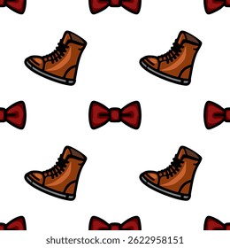 A repeating vector pattern featuring brown boots and red bow ties on a white background. The design is playful and whimsical, suitable for fabric or wallpaper.