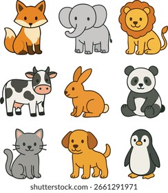 A repeating vector pattern featuring kawaii-style animal faces including fox, elephant, lion, cow, rabbit, panda, and penguin.