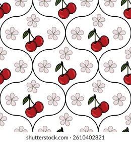 A repeating vector pattern featuring red cherries with green leaves and small flowers on a white background. The design is outlined with black, creating a decorative and playful look.
