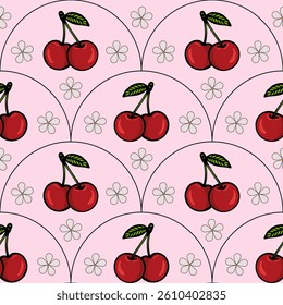 A repeating vector pattern featuring red cherries with green leaves on a soft pink background, interspersed with small white flowers.