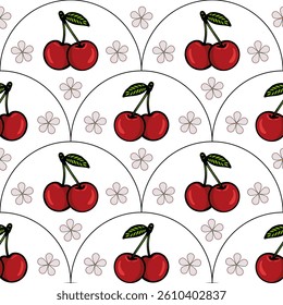 A repeating vector pattern featuring red cherries with green leaves, surrounded by small pink flowers on a white background. The design is playful and vibrant, suitable for textiles or wallpapers.