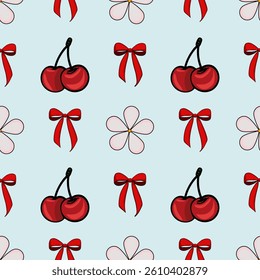 A repeating vector pattern featuring red cherries, red bows, and light pink flowers on a light blue background.