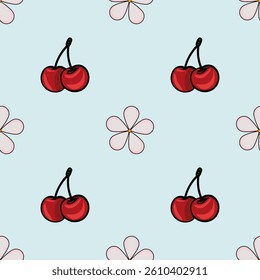 A repeating vector pattern featuring red cherries and light pink flowers on a soft blue background. The cherries are depicted in pairs with a black stem, while the flowers are simple and stylized.