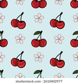 A repeating vector pattern featuring red cherries and simple flower shapes on a light blue background. The cherries are depicted with green leaves, creating a playful and vibrant design.