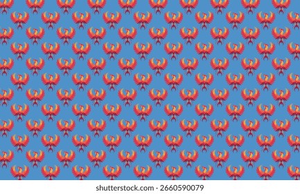 A repeating vector pattern featuring stylized phoenixes in shades of red, orange, and yellow against a solid blue background. 