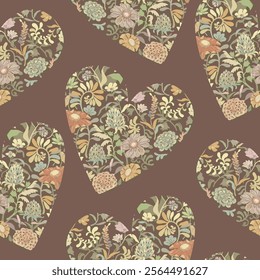 A repeating vector pattern with heart shaped floral arrangements of daisies, zinnias, and succulents on a neutral mocha mousse background. Ideal for Valentines Day cards, textiles, and digital art.