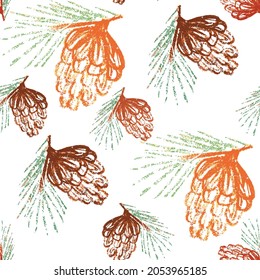 Repeating vector pattern of isolated pine cones and pine needles on white background.