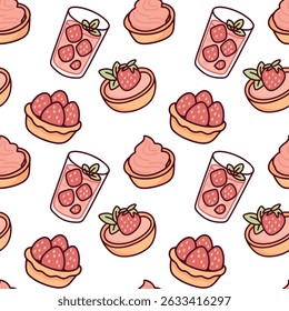 Repeating vector pattern with raspberry cupcakes, whipped cream swirls, and fruity drinks. Bright and sweet food-themed design for product packaging and kids prints