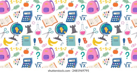 Repeating vector pattern with school supplies and stationery. Background for educational and school concept. Suitable for packaging, textbook covers, notebooks, student diaries