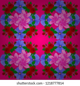 Repeating vector plumeria flowers pattern. Modern motley floral seamless pattern in green, magenta and violet colors. Floral print.