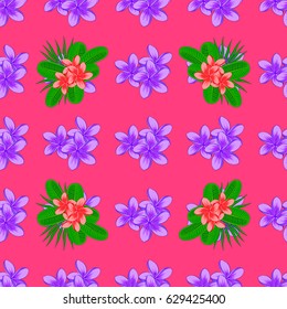 Repeating vector plumeria flowers pattern. Modern motley floral seamless pattern on a pink background. Floral print.