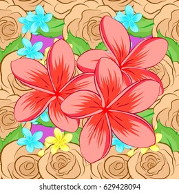 Repeating vector plumeria flowers pattern. Modern motley floral seamless pattern on a violet background. Floral print.