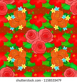 Repeating vector rose flowers and green leaves pattern. Modern motley floral seamless pattern in green, orange and red colors. Floral print.