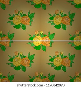Repeating vector rose flowers and green leaves pattern. Modern motley floral seamless pattern in yellow, beige and green colors. Floral print.
