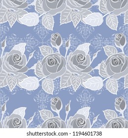 Repeating vector rose flowers and green leaves pattern. Modern motley floral seamless pattern in blue, white and gray colors. Floral print.