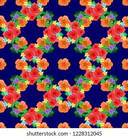 Repeating vector rose flowers and green leaves pattern. Modern motley floral seamless pattern in green, blue and orange colors. Floral print.