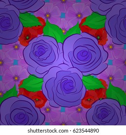 Repeating vector rose flowers and green leaves pattern. Modern motley floral seamless pattern on a blue background. Floral print.