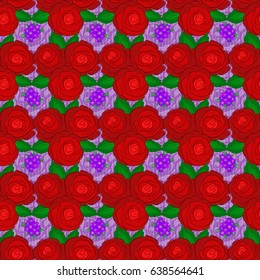 Repeating vector rose flowers and green leaves pattern. Modern motley floral seamless pattern on a violet background. Floral print.