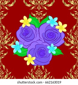 Repeating vector rose flowers and green leaves pattern. Modern motley floral seamless pattern on a red background. Floral print.