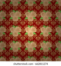Repeating vector rose flowers and green leaves pattern. Modern motley floral seamless pattern on a red background. Floral print.