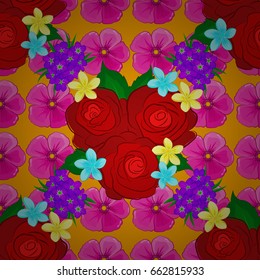 Repeating vector rose flowers and green leaves pattern. Modern motley floral seamless pattern on a yellow background. Floral print.