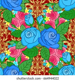 Repeating vector rose flowers and green leaves pattern. Modern motley floral seamless pattern on a red background. Floral print.