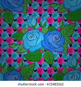 Repeating vector rose flowers and green leaves pattern. Modern motley floral seamless pattern on a blue background. Floral print.