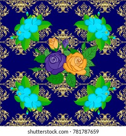 Repeating vector rose flowers and green leaves pattern. Modern motley floral seamless pattern in neutral and blue colors. Floral print.