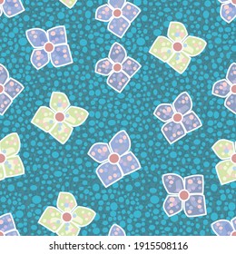 Repeating vector seamless floral pattern in lilac and cream scattered on a blue dotted raindrop background