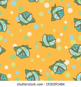 Repeating vector seamless mustard pattern with glittering aqua flowers scattered among bright random polka dots