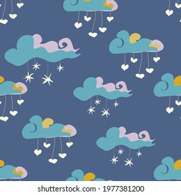 Repeating vector seamless night sky cute kids pattern with clouds decorated with hearts and stars on a deep blue backdrop