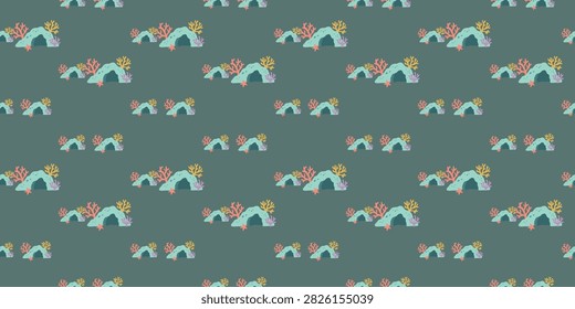 Repeating vector seamless pattern featuring cute underwater coral reefs and rocks in soft colors on a muted green background suitable for textile design