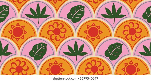 Repeating vector with stylized oranges and leaves in soft red and peach tones. Ideal for printed fabric, wallpaper and summer packaging