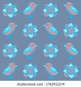 Repeating vector tile of flowers and birds in a simple folk art style in bright pink and pale blue on a faded denim blue background. Cute and sweet, great for little children’s decor or fabric print.