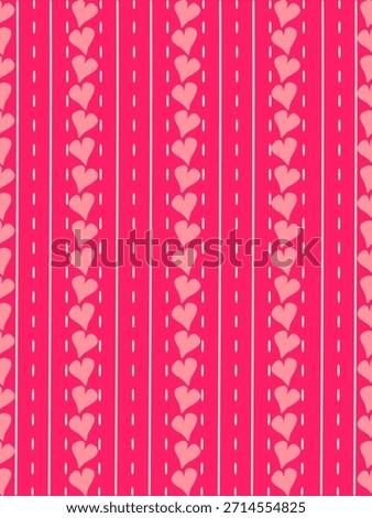 Repeating vertical stripes and white dash lines with light pink heart shapes aligned vertically within each stripe seamless pattern background. Design for valentine theme.