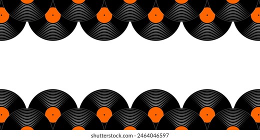 Repeating vinyl discs seamless pattern. Gramophone LP or long play music plates banner with empty space. 70s 80s 90s discotheque nostalgia background. Techno party concept. Vector flat illustration.