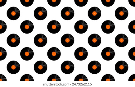 Repeating vinyl records background. LP or long play music discs pattern. 70s 80s 90s disco or techno party banner. Wrapping or scrapbooking paper print. Vector flat illustration.