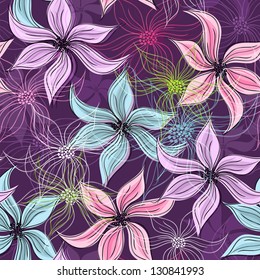 Repeating violet floral pattern with vivid and transparent flowers (vector EPS 10)