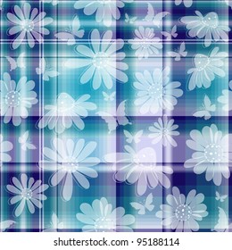 Repeating violet-blue-white checkered pattern with transparent flowers and butterflies (vector EPS 10)