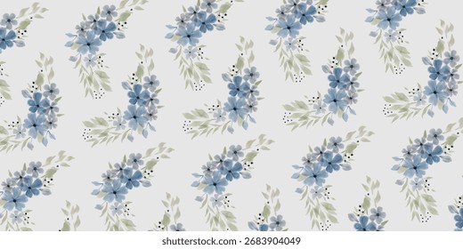 A repeating watercolor pattern featuring clusters of blue and gray flowers, with green leaves and small black dots.