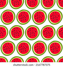 Repeating watermelon background. Vector seamless pattern, colorful illustration with fruit slices for wrapping paper, summer children clothes, fabric, textile 