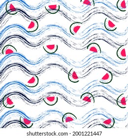 Repeating Watermelon Wave Pattern in Vintage Design. Vector Illustration